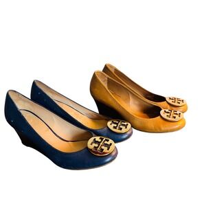Tory Burch Sally Wedge Pump Bundle Navy Blue Tan Leather Gold Logo Size 9M